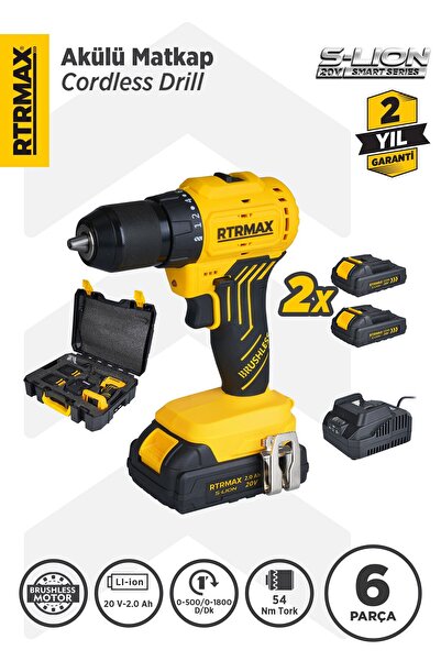 Rtrmax RTS5010 Şarjlı Matkap Kömürsüz 54 Nm 2x2 Ah 20V Çift Akü S-Lion - Akü Dahil