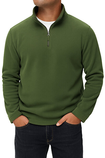 nacar çarşı Erkek Yarım Fermuarlı Uzun Kollu Haki Yeşili Polar Sweatshirt