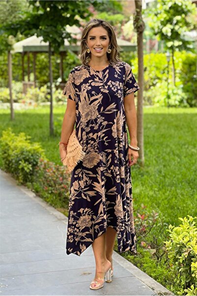 Nevin Kaya Moda Φόρεμα φύλλων Hazan σε κυρτό κομμένο μπλε ναυτικό χρώμα