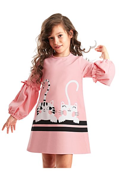 Denokids Rochie de iarnă cu mâneci cu balon roz pentru fată - Cute Friends Woven