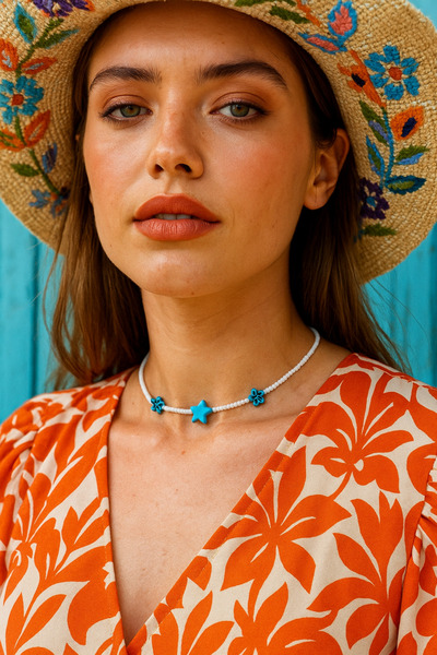 puffydik Handmade White Beaded Turquoise Star and Flower Detailed Necklace