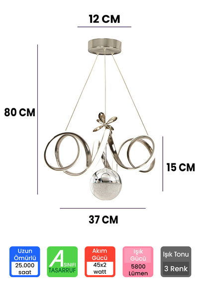 RANSOM 3 Renk Toplu Kumandalı Krom Gümüş Dimmerli Led Avize Kıvrım Ledli Avize