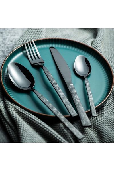 INNOVIO Set tacamuri premium INNOVIO, Inox 18/10 304, 24 piese, Maner elegant textura piatra, Negru