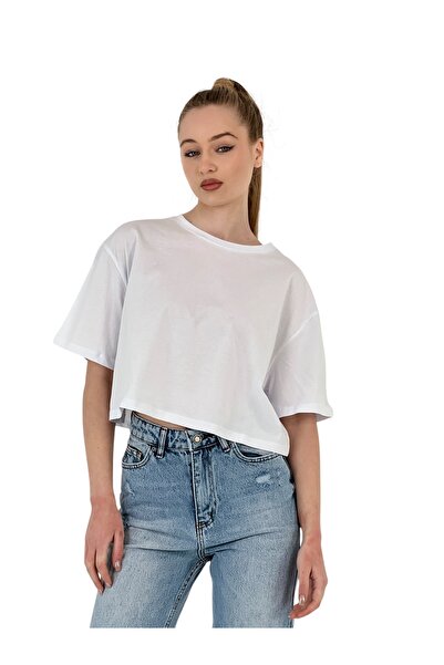Miss Poem Γυναικείο μπλουζάκι oversized Basic με κοντό μανίκι λευκό Crop