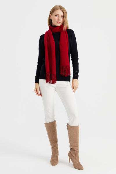 Desen Triko Women's Knitwear Single Color Tasseled Wool Scarf Red