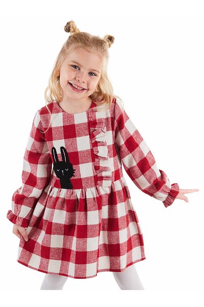 Denokids Black Rabbit Red Plaid Girls Elastic Dress with Sleeves