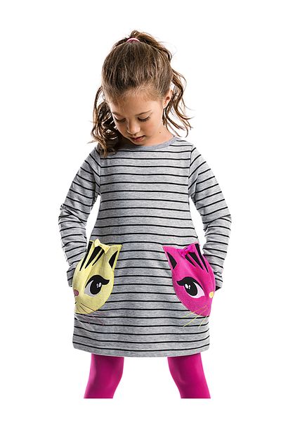 Denokids Dívka - šedé pruhované, kočičí šaty s dlouhým rukávem