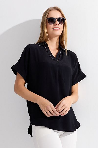Desen Triko Women's Collar Stoned Maroken Shirt Black