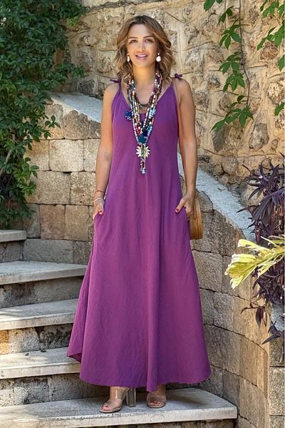 Nevin Kaya Moda Rochie din muselină cu bretele de culoare violet 100% bumbac