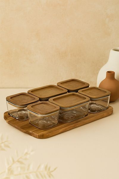 NESS HOME Acacia Vacuum Covered Glass Breakfast Set - 13 Piece Breakfast Set with Presentation Tray