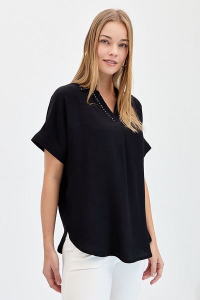 Desen Triko Women's Collar Stoned Maroken Shirt Black