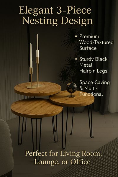 TrentonGCC 3-piece Round Nesting Table Set – Wood Top & Metal Legs – Modern Rustic Living Room Decor