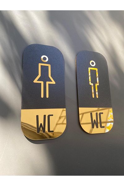 Yönline Wc Sign Set Gold Mirror 9X20 cm |   Women's & Men's Stylish Plexiglass Design on Black Mdf