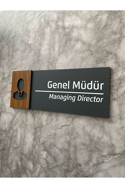 Yönline General Manager Office Door Sign 24X9Cm Anthracite Plexi Mdf Directional Sign Wooden Series Enterprise