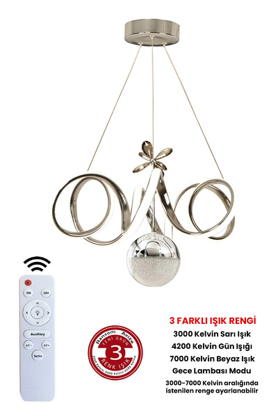 RANSOM 3 Renk Toplu Kumandalı Krom Gümüş Dimmerli Led Avize Kıvrım Ledli Avize