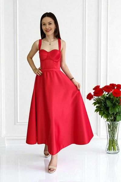 FİYPER Red Midi Length Satin Evening and Homecoming Dress