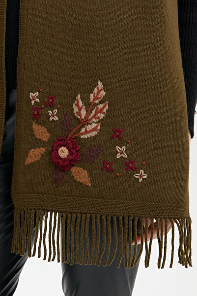 Desen Triko Γυναικείο μάλλινο κασκόλ A.Green - Κεντημένο με μαργαρίτα και φούντες