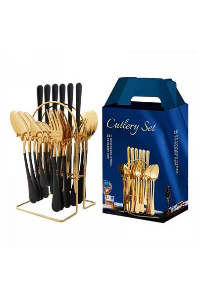 INNOVIO Set Tacamuri din Inox INNOVIO®, 24 Piese cu Suport, Design Premium, Negru-Auriu