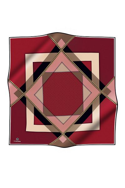 Vissona 100% Twill Silk Γεωμετρικό Σχέδιο Βουργουνδίας - Μπεζ Χρώμα 90x90 Φουλάρι Σχήμα Ραπτικής: Ράψιμο στο χέρι