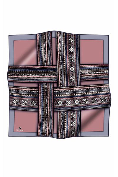 Vissona 100% Twill Silk Ethnic Pattern Powder - Γκρι Χρώμα 90x90 Φουλάρι Σχήμα Ραπτικής: Ράψιμο στο χέρι