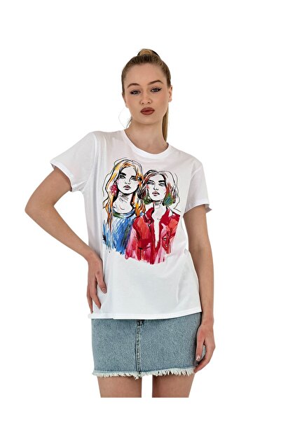 Miss Poem Γυναικείο κοντομάνικο καλοκαιρινό φαρδύ λευκό μπλουζάκι με τύπωμα