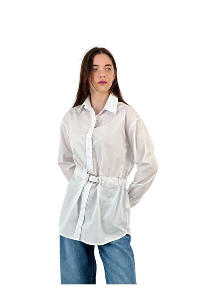 Miss Poem Γυναικείο μακρύ λευκό πουκάμισο με διάφανη ζώνη μέσης