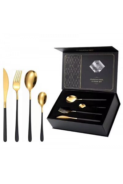 INNOVIO Set de tacamuri din inox INNOVIO®, 24 piese, Inox de calitate superioara 18/10 304, Negru-Auriu