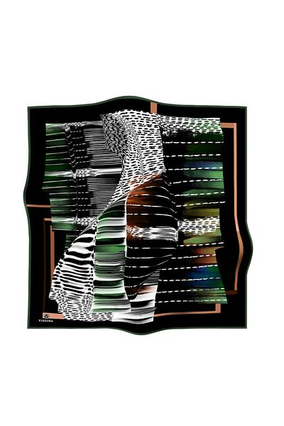 Vissona 100% Twill Silk Geometric Pattern Μαύρο - Χακί Χρώμα 90x90 Σχήμα ραπτικής κασκόλ: Ράψιμο στο χέρι