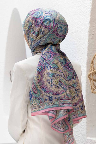 Vissona 100% Silk Etro Pattern Powder - Μπεζ χρώμα 92x210 σάλι