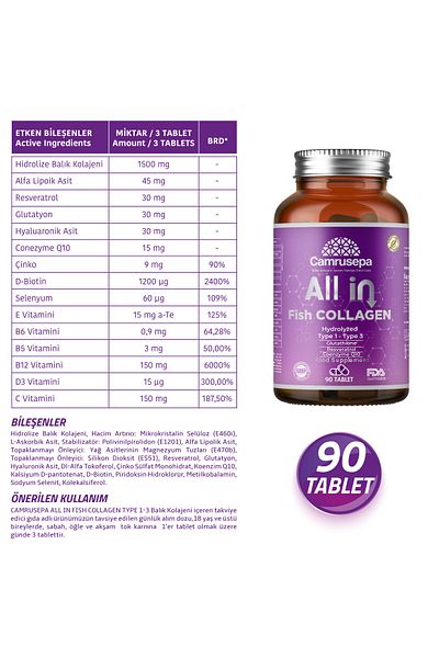 Camrusepa All in Tip 1-3 Fish Collagen 90 Tablets |   Advantageous Pack of 2