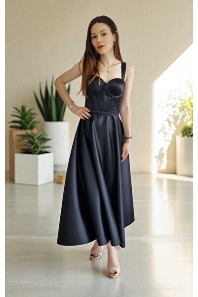 FİYPER Siyah Midi Boy Saten Gece Ve Mezuniyet Elbisesi