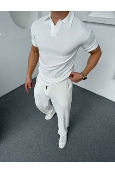 Fifty Color Λευκό, Oversize/Wide Cut, Ανθεκτικό στις υφές, Οθωμανικό μπλουζάκι με γιακά πόλο και σετ φούτερ