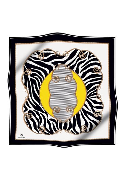 Vissona 100% Twill Silk Chain and Zebra Pattern Μαύρο - Λεμόνι Κίτρινο Χρώμα 90x90 Φουλάρι Σχήμα Ραπτικής: Χέρι D