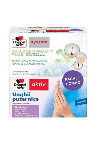 Doppelherz Pachet Kollagen System Beauty Plus 10 flacoane + Unghii Puternice 30 comprimate