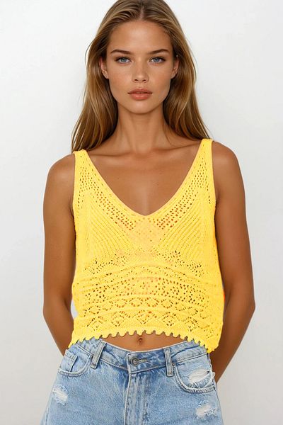 VAGGON Yellow Strap Openwork Knitted Crop Blouse
