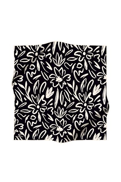 Vissona 100% Twill Silk Big Flower Pattern Μαύρο - Κρεμ χρώμα 90x90 Σχήμα ραπτικής κασκόλ: Ράψιμο στο χέρι