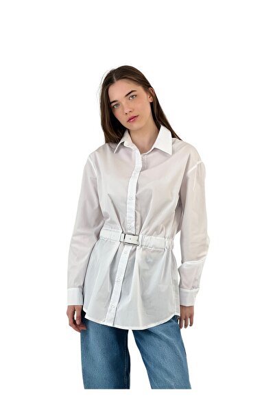 Miss Poem Γυναικείο μακρύ λευκό πουκάμισο με διάφανη ζώνη μέσης