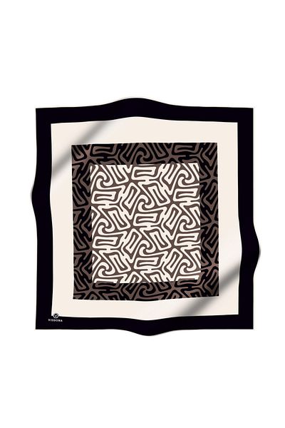 Vissona 100% Twill Silk Border Wave Pattern Μαύρο - Χρώμα βιζόν 90x90 Σχήμα φύτευσης: Φουλάρι ραπτικής στο χέρι
