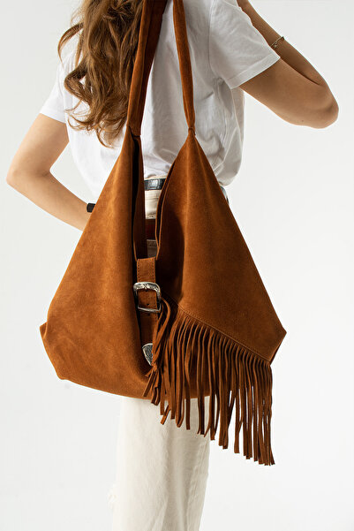 DSN Hakiki Deri Süet Püsküllü Western Özel Tasarım Tokalı Omuz Çanta Taba