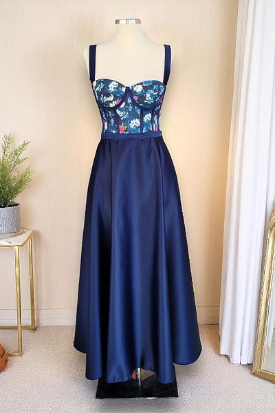 FİYPER Navy Blue Midi Length Floral Pattern Satin Skirt Night and Graduation Dress