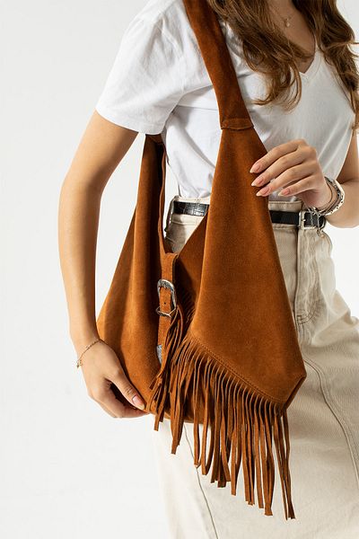 DSN Τσάντα ώμου Tan Suede Tasseled Western Buckle - Γνήσιο δέρμα