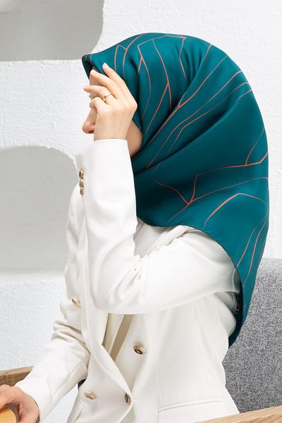 Vissona 100% twill de mătase cu dungi verde petrol - culoare portocalie 90x90 eșarfă Forma de cusut: cusut manual