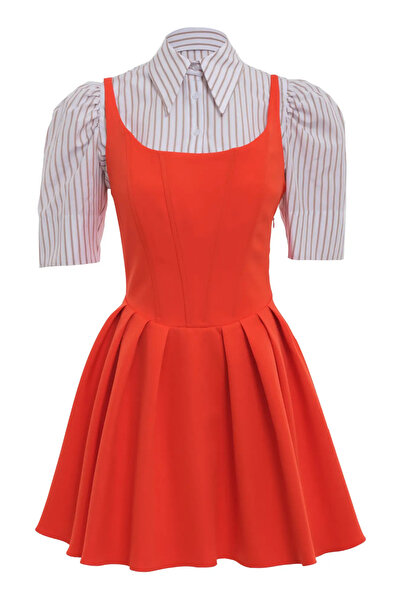 Keikei Latte krep kısa kol kısa elbise