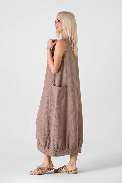 Fashion Showcase Μουσελίνα ύφασμα 100% βαμβακερό αμάνικο καλοκαιρινό χαλαρό αυθεντικό φόρεμα βιζόν