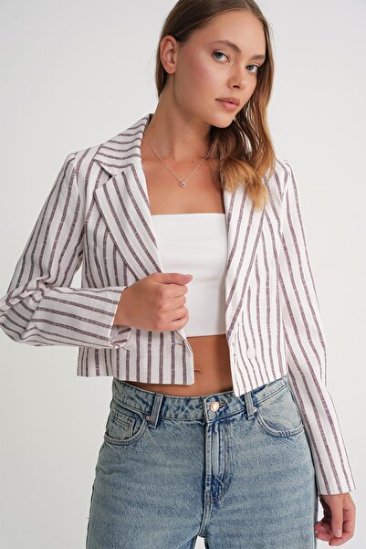 Mixray Γυναικείο λινό ριγέ Crop T-Shirt, μπορντό χρώμα