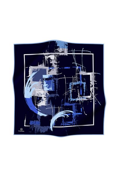 Vissona Navy Blue Geometric Pattern Twill Silk - Baby Blue 90x90 Σχήμα ραπτικής κασκόλ: Ράψιμο στο χέρι
