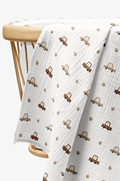 fevale 4 Kat Müslin Örtü - Araba Desenli Bebek Battaniyesi - Dört Katlı Müsli...