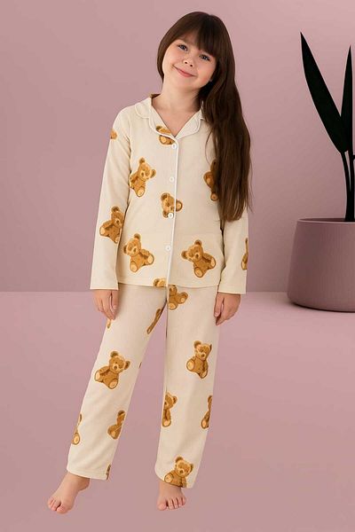 Minimoon Girls' Cotton Milan Fabric Shirt Collar Button Pajamas Set