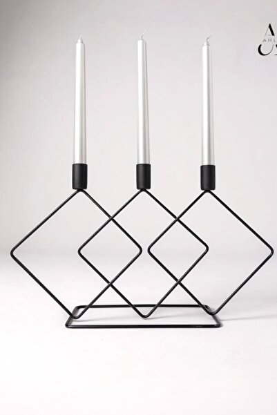 Ahlat Store 3'lü Kare Siyah Şamdan Asimetrik Mumluk Dekoratif Mumluk Paslanmaz Kaplama