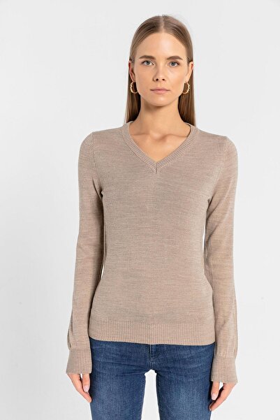 Miss Poem Women's V-Neck Long Sleeve Winter Basic Mink Knitwear Sweater